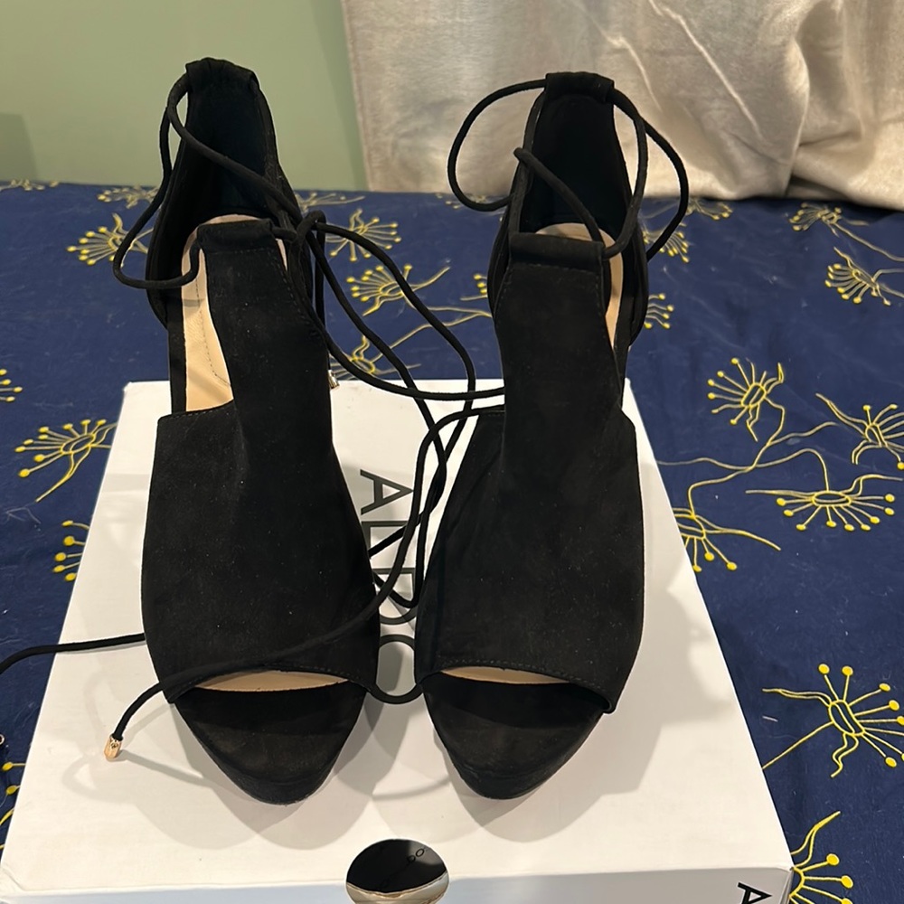 Black lace up suede heels